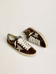Women's Super-Star in cognac velvet with metallic leather star and heel tab