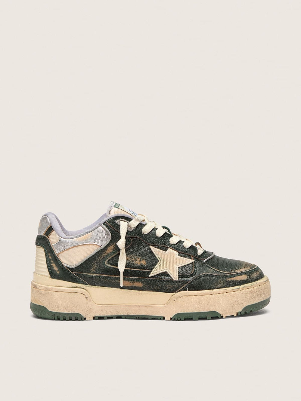 Women's Forty2 in green leather and cream nylon with TPU star and silver leather heel tab