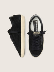 Women's Super-Star LTD in black suede with black glitter star and black leather heel tab