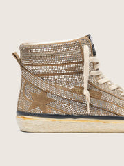 Women's Slide LAB sneakers in tobacco-colored suede with crystals and tobacco-colored suede star