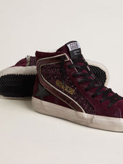 Women's Slide in black cherry glitter and suede with leather star and metallic leather flash