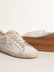 Women's white leather Super-Star with perforated star and fuchsia nylon heel tab