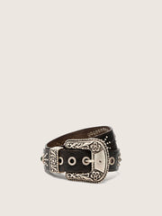 Lace belt in tan-colored washed leather with studs and inlays