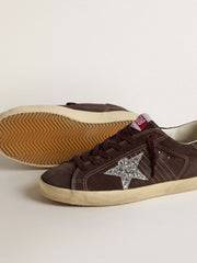 Women's Super-Star in brown suede with silver glitter star