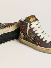 Women's Slide in red tartan with silver nappa leather star and black suede flash