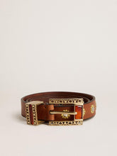 Brown leather belt with golden floral studs and amber inserts