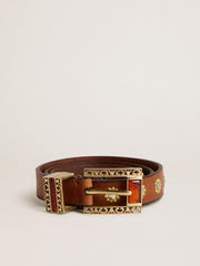 Brown leather belt with golden floral studs and amber inserts