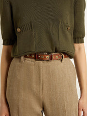 Brown leather belt with golden floral studs and amber inserts