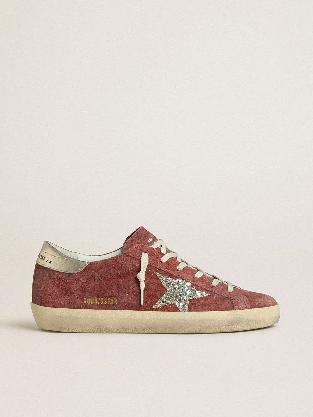 Women's Super-Star LTD in red suede with silver glitter star and laminated leather heel tab
