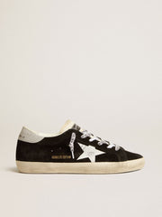 Women's Super-Star LTD in black suede with white printed star and silver glitter heel tab