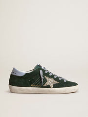 Women's Super-Star in green suede silver glitter star and leather heel tab