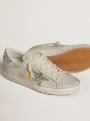 Women's Super-Star in ivory nappa leather with platinum glitter star and heel tab