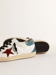 Women’s Super-Star with burgundy suede star and light blue glitter heel tab