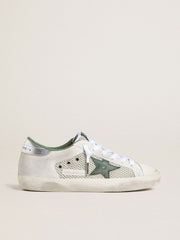 Women’s Super-Star LTD in white suede and mesh with green leather star and silver foiled leather heel tab