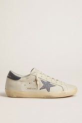 Super-Star with cream-colored leather star with Swarovski crystals and blue leather heel tab with lizard print