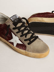 Women's Super-Star in burgundy glitter with white leather star and dove-gray suede tongue