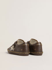 Women’s Super-Star LTD in dark brown leather with cream suede star and studs