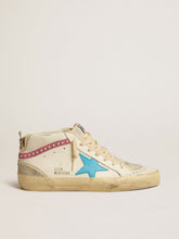 Women's Mid Star in leather with light blue star and fuchsia suede flash with platinum studs