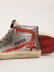 Women’s Slide with silver metallic leather upper and red metallic leather flash