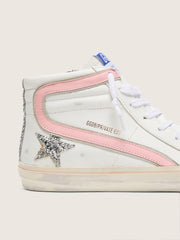 Women's Slide in white leather with silver glitter star and pink leather flash