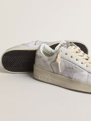 Stardan LTD in white leather with star and heel tab in ice-gray suede