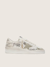 Stardan with beige suede star and toe and all-over lettering and patterns