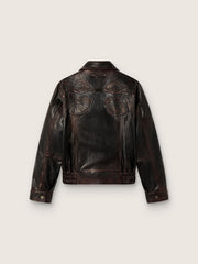 Women's bomber jacket in dark burgundy nappa leather with floral embroidery