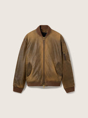 Brown leather biker jacket with a lived-in effect