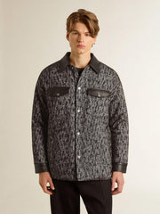 Gray herringbone jacket with black leather details