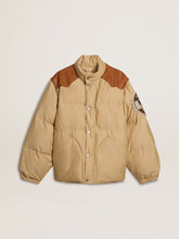 Beige bomber jacket with leather and patch details