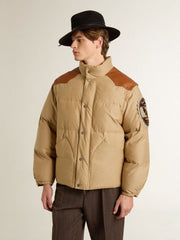 Beige bomber jacket with leather and patch details