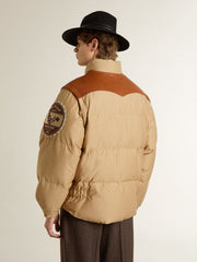 Beige bomber jacket with leather and patch details