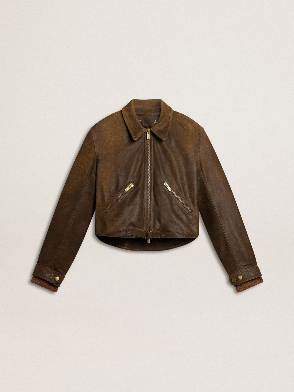 Women’s cropped brown leather biker jacket with zip