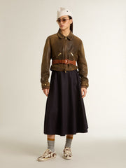 Women’s cropped brown leather biker jacket with zip