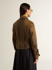 Women’s cropped brown leather biker jacket with zip