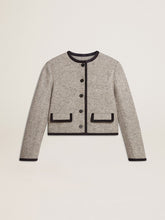 Women's grey wool and silk jacket with black suede trim