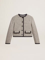 Women's grey wool and silk jacket with black suede trim