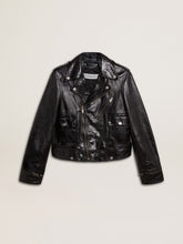 Women’s black leather biker jacket with glossy effect