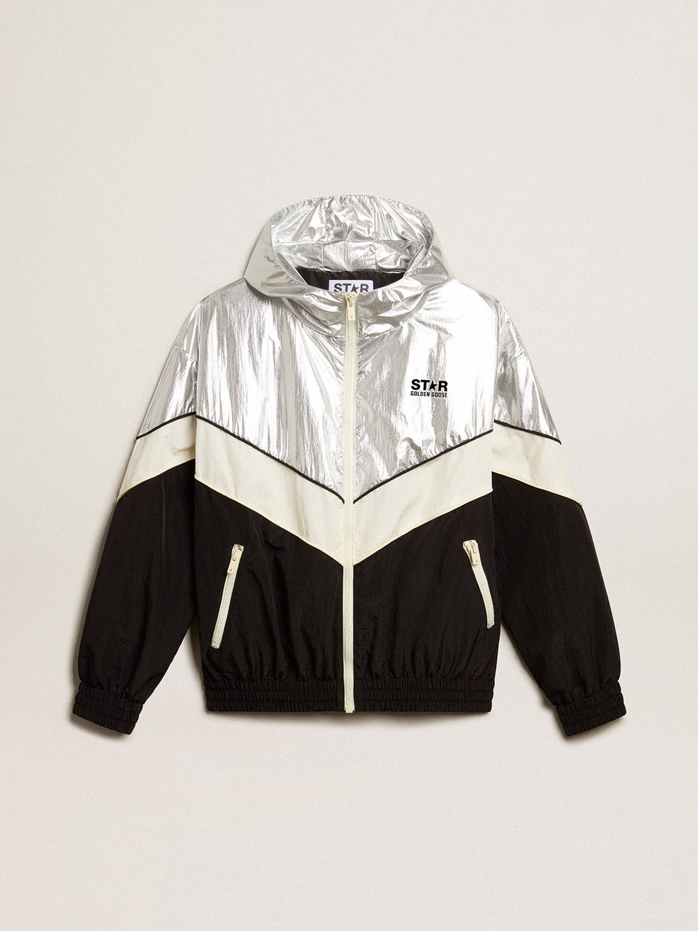 Women's windcheater in silver and black technical fabric