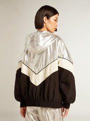 Women's windcheater in silver and black technical fabric