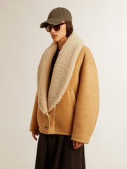 Women's sheepskin jacket with a wide shearling shawl collar