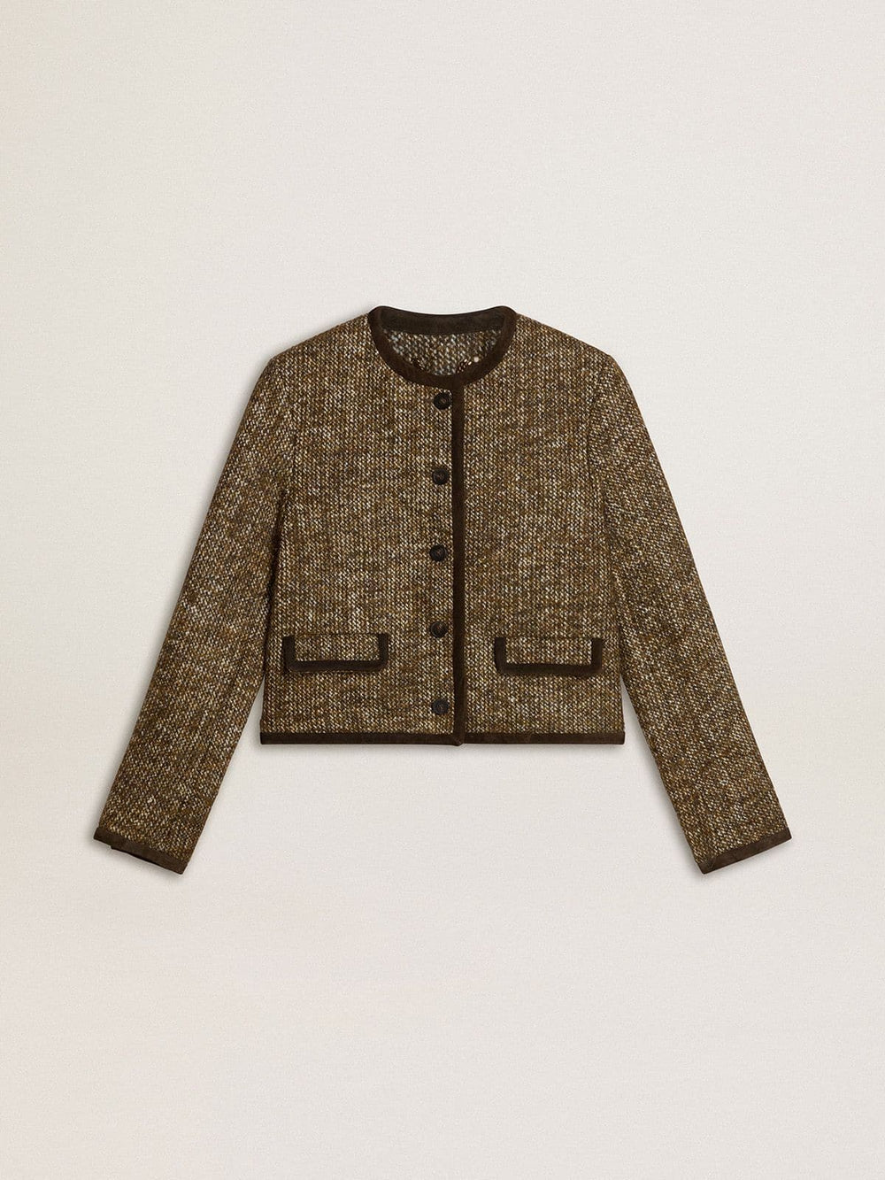 Women's Journey jacket in wool tweed with coffee-colored suede details