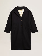 Women's single-breasted cocoon coat in dark blue wool with gold button