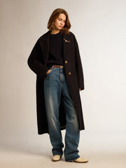 Women's single-breasted cocoon coat in dark blue wool with gold button