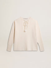 Ribbed wool sweater with V neck and drawstring with tassels