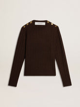 Women's crew-neck sweater in wool blend with gold buttons