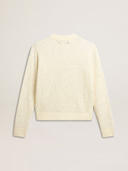 Women's crew-neck sweater in white merino wool with all-over crystals