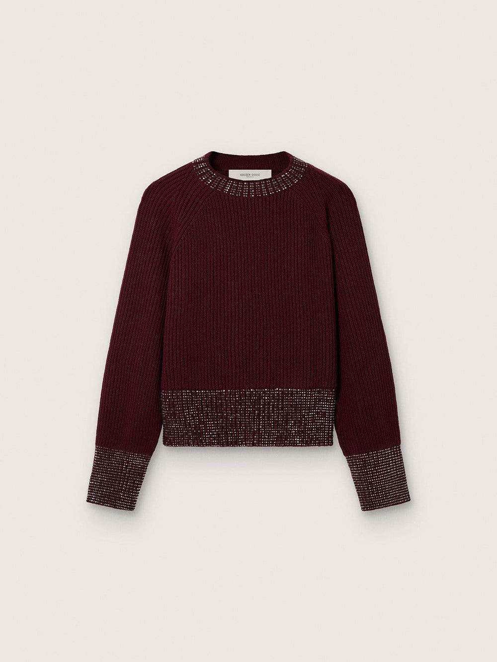 Women's crew-neck sweater in burgundy wool with rhinestone embroidery