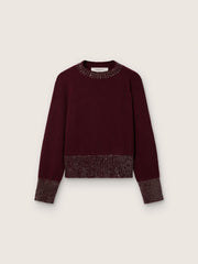 Women's crew-neck sweater in burgundy wool with rhinestone embroidery