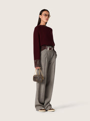 Women's crew-neck sweater in burgundy wool with rhinestone embroidery